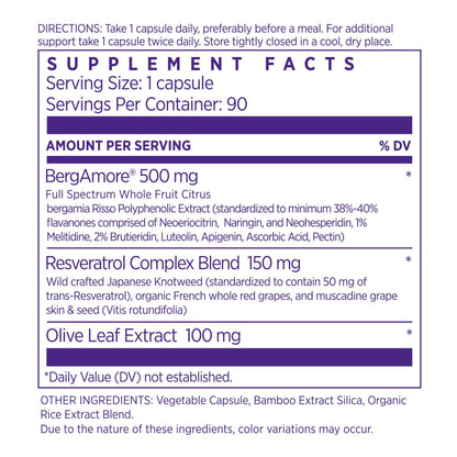 NAOMI Italian Citrus Bergamot 500mg with Resveratrol - Supports Healthy Cholesterol & Triglyceride Levels Already in Normal Range - Patented BergAmore® Extract, 7 Key Polyphenols, 30-Day Supply