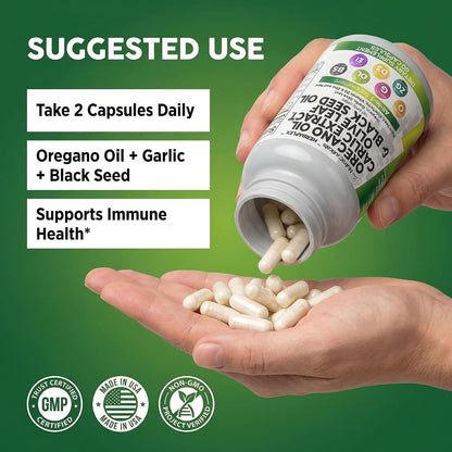 Clean Nutra Oregano Oil with Black Seed Oil Garlic Olive Leaf Extract - Oil of Oregano Capsules Immune Support Carvacrol & Thymoquinone Supplement for Women and Men + Elderberry Vitamin D3 & Zinc