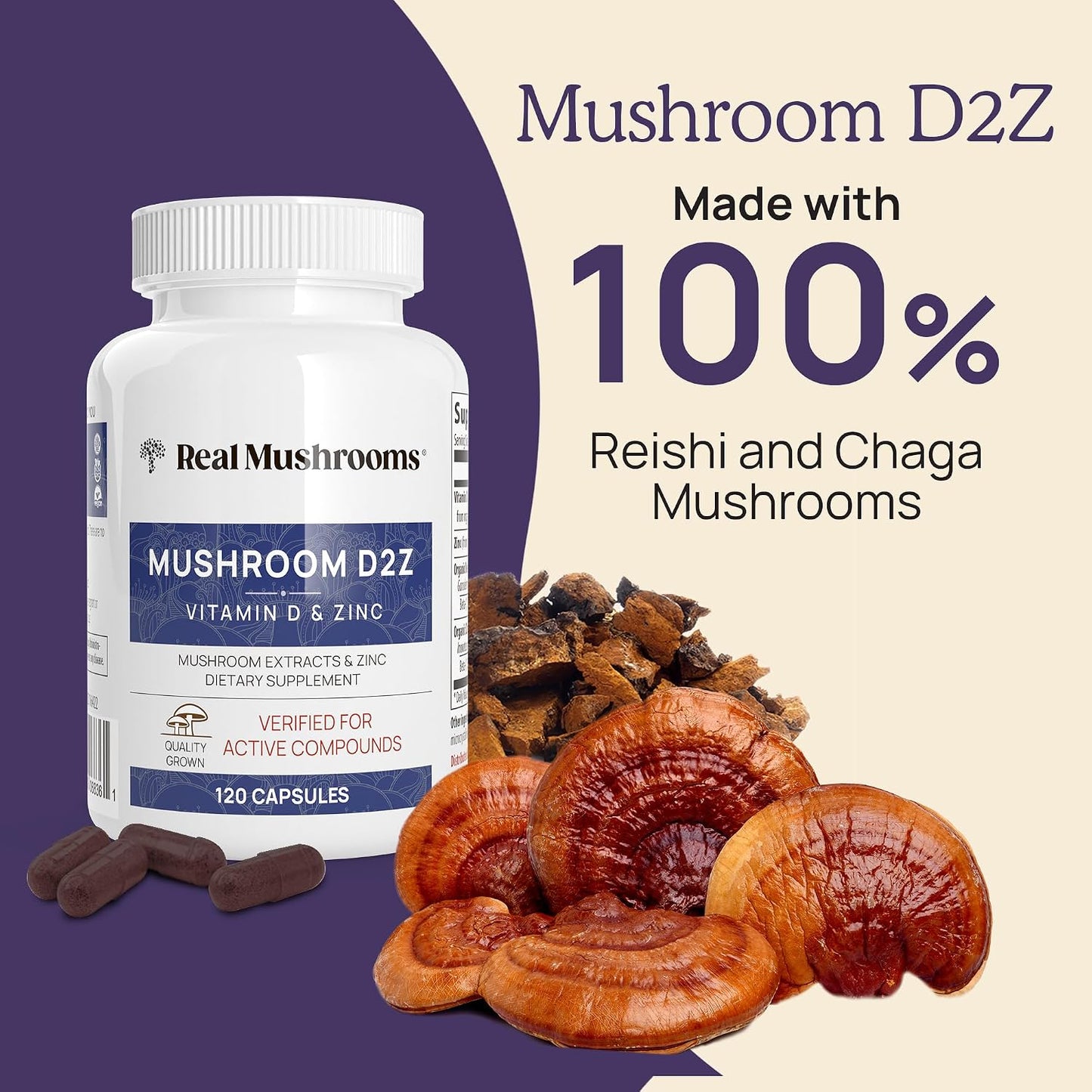 Real Mushrooms Zinc and Vitamin D2 Capsules – with Organic Chaga and Reishi Mushroom Extracts – Vitamins for Overall Wellness Support – Vegan, Non-GMO, Gluten-Free – 120 Count Mushroom Supplement