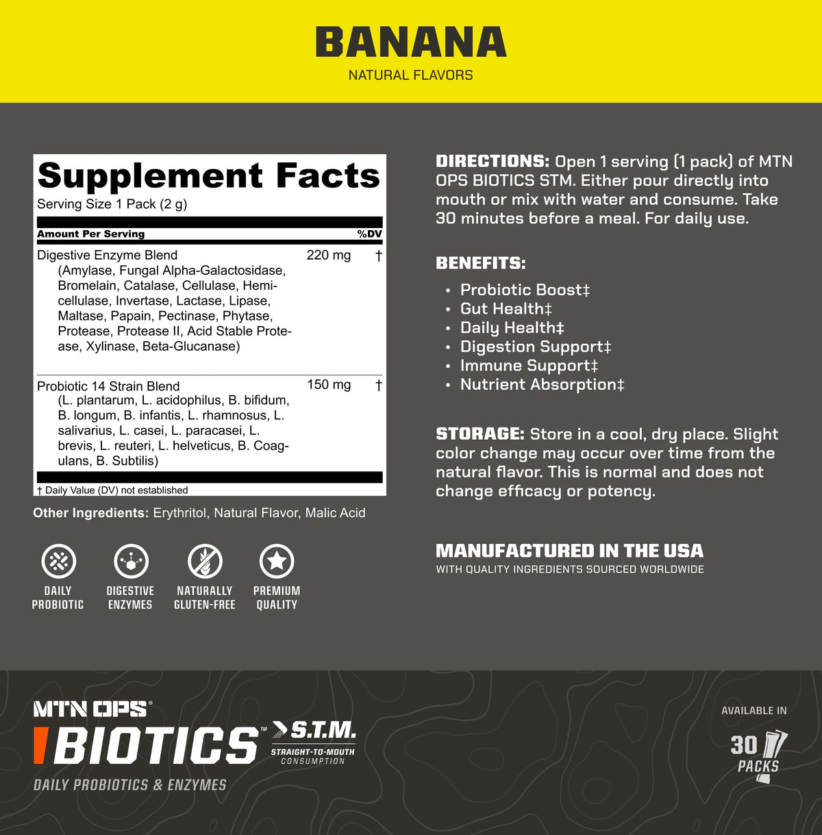 MTN OPS Biotics Daily Probiotic & Prebiotic for Gut Health, 60 Capsules