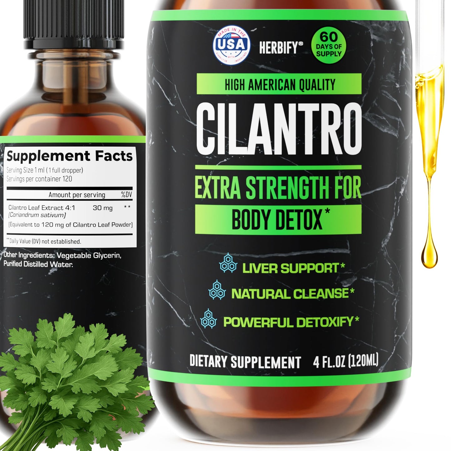 HERBIFY Cilantro Tincture - Herbal Cilantro Supplement for Detox - Rich Source of Antioxidants - Supports Heart and Body Cleanse - Made in USA - Cilantro Extract 4 Fl Oz