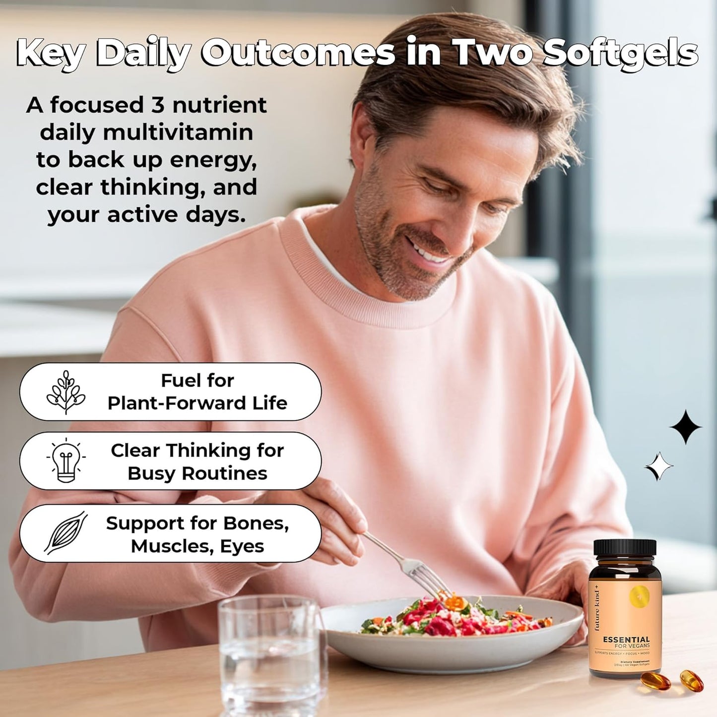 Future Kind 3 in 1 Daily Multivitamin - for Energy, Clarity, Active Wellness Support with B12, D3, and Algal Omega-3 - Essential Vegan Multivitamin for Women & Men - Tiny Citrus Softgels (60 Count)