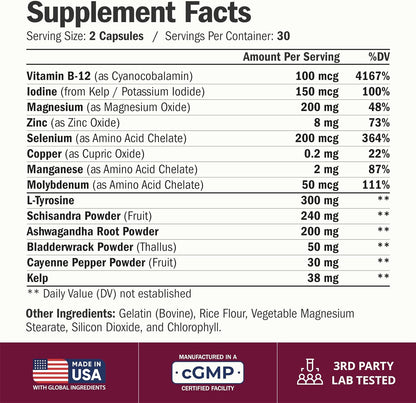Thyroid Support for Women with Selenium, Iodine & Zinc - Advanced Complex with Ashwagandha, L-Tyrosine & B12 - Supports Energy, Metabolism & Hormonal Balance - 60 Capsules