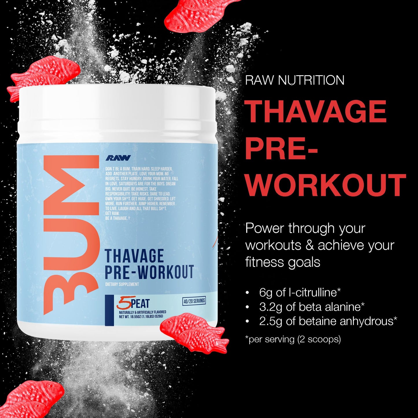 RAW Pre Workout Powder, Thavage (Beach Bum) - Chris Bumstead Sports Nutrition Supplement for Men & Women - Cbum Pre Workout for Working Out, Hydration, Mental Focus & Energy - 40 Servings
