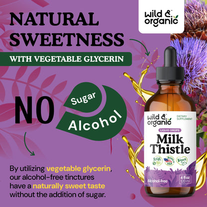 Wild & Organic Milk Thistle Liquid Drops - Liver Cleanse Detox - Silymarin Milk Thistle Supplement for Liver Support - Add to Tea - Silybum Marianum Seed Extract Tincture - Sugar & Alcohol-Free - 4 oz