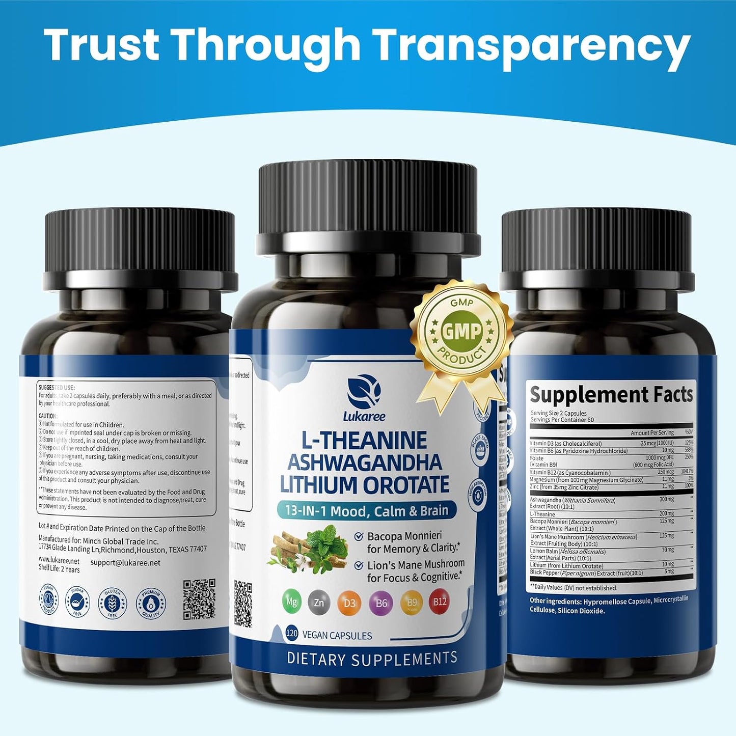 Lithium Orotate 5/10mg, Mood & Brain Supplement, 120 Capsules, 2 Months | 13 in 1 with Ashwagandha, L-Theanine, Bacopa, Lions Mane, Magnesium, Zinc D3 B6 Folate B12 for Calm Focus, Cognitive & Energy