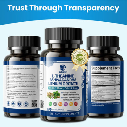 Lithium Orotate 5/10mg, Mood & Brain Supplement, 120 Capsules, 2 Months | 13 in 1 with Ashwagandha, L-Theanine, Bacopa, Lions Mane, Magnesium, Zinc D3 B6 Folate B12 for Calm Focus, Cognitive & Energy