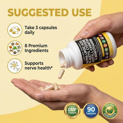 Alpha Lipoic Acid 600mg N-Acetyl Cysteine 600mg Acetyl L-Carnitine 500mg Benfotiamine 300mg - Nerve Support Supplement for Women and Men with Vitamin B1 B6 & B12 - Made in USA 90 Caps