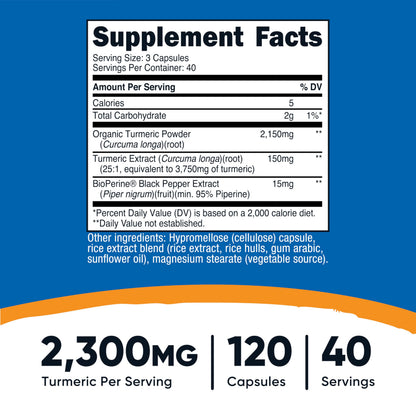 Nutricost Turmeric Curcumin with BioPerine and 95% Curcuminoids, 2300mg, 120 Capsules, Veggie Capsules, 767mg Per Cap, 40 Servings, Gluten Free, Non-GMO