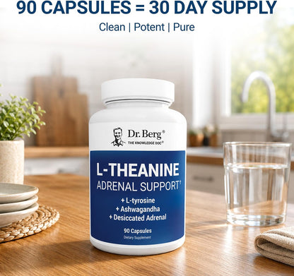 Dr. Berg 600 mg L-Theanine Adrenal Support - 90 Capsules with Ashwagandha & L-Tyrosine, Zinc & Manganese - Advanced 9-in-1 Adaptogen & Mineral Formula - No Fillers*
