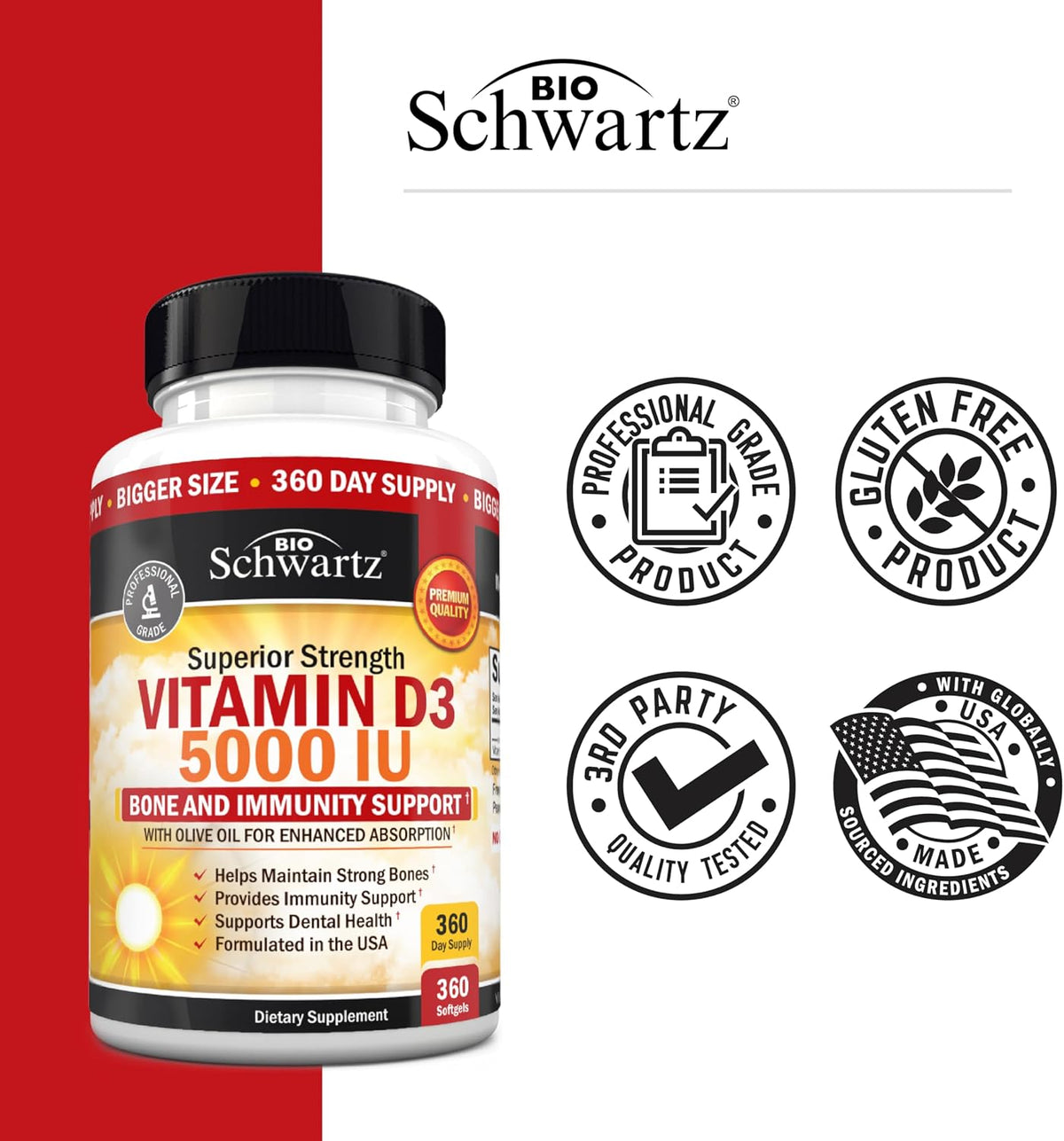 Vitamin D3 5000 IU (125 mcg) Supplement, 360 Softgels