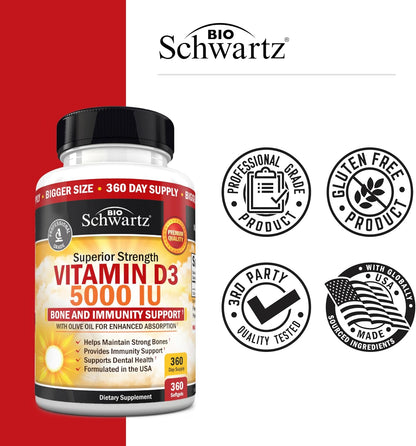 Vitamin D3 5000 IU (125 mcg) Supplement, 360 Softgels