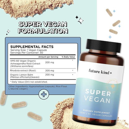 Future Kind - Super Vegan Formula with Lemon Balm, Ashwagandha Root Extract and Rhodiola Extract for Natural Mood Boost, Energy and Stress Support, 30 Capsules