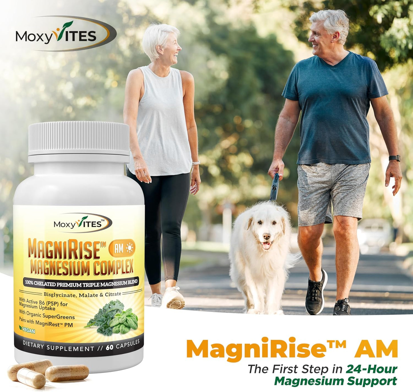 MoxyVites MagniRise™ AM– Magnesium Complex for Women & Men - 200mg Magnesium Bisglycinate, Malate, Citrate, B6, Organic SuperGreens – Chelated, High Absorption – Pairs with MagniRest™ PM – 60 Capsules