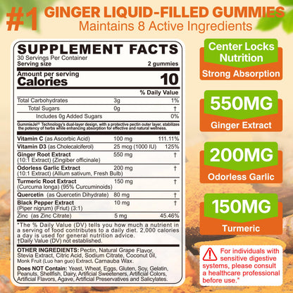 LILICARE Ginger Chews Gummies for Nausea & Digestive Support, Stomach Relief - Sugar Free with Turmeric & Odorless Garlic, Quercetin, Vitamin D3, C, Delicious Digestive Supplements, 60Cts (Pack of 1)