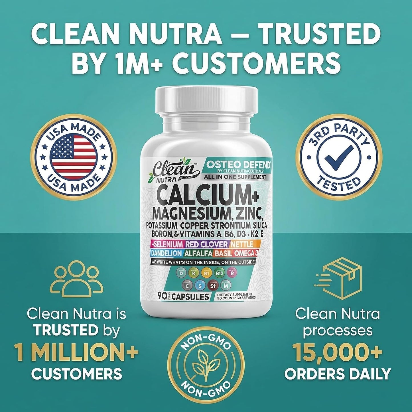 Allin1 Calcium Magnesium Zinc Supplement with Potassium, Copper, Strontium, Silica, Vitamin D3 K2, Boron, Vitamin B1 B12 Red Clover Herb Alfalfa Basil Pills for Men & Women Clean Nutra Osteo Defend