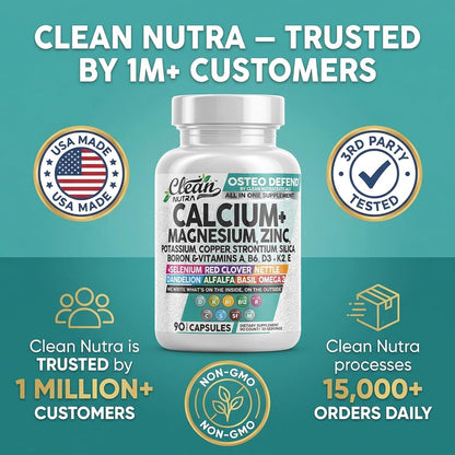 Allin1 Calcium Magnesium Zinc Supplement with Potassium, Copper, Strontium, Silica, Vitamin D3 K2, Boron, Vitamin B1 B12 Red Clover Herb Alfalfa Basil Pills for Men & Women Clean Nutra Osteo Defend