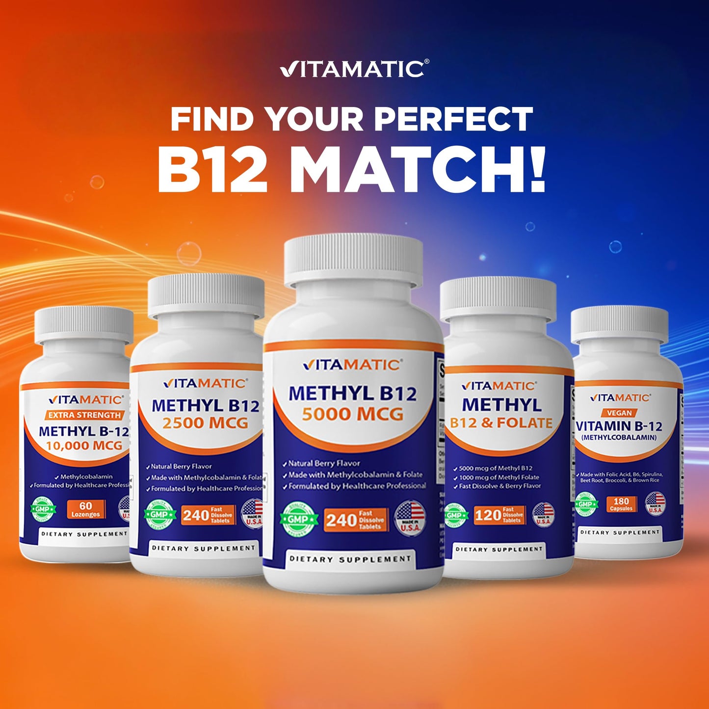 Vitamatic Vitamin B12 1000 mcg Fast Dissolve – 365 Tablets – Natural Berry Flavor – Supports Energy Metabolism & Nervous System Health