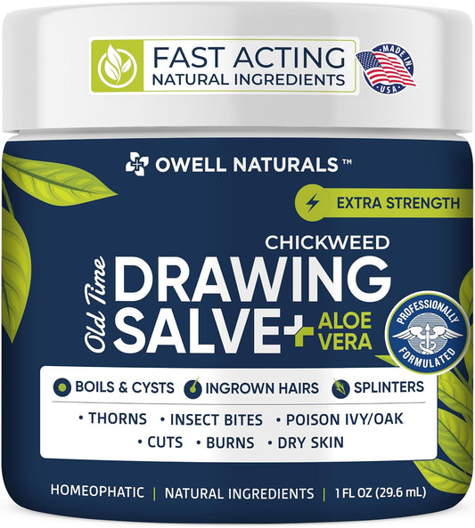 Owell naturals Chickweed Drawing Salve with Aloe Vera for boils, Cyst, Splinters, Poison Ivy/Oak, Skin Disorder, Irritations, Burns, Minor Cuts, Dry Skin, Itching