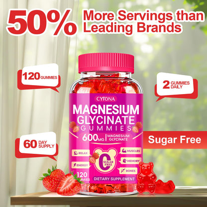 Magnesium Glycinate Gummies 600mg, Sugar Free Magnesium Gummies for Adults