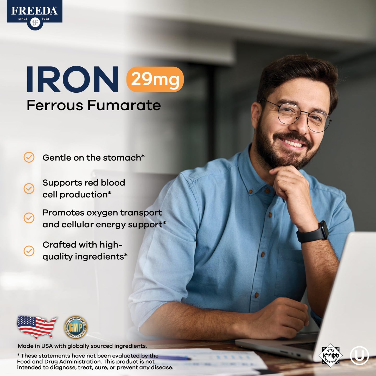 Freeda Iron Supplement - Ferrous Fumarate Iron Tablets | Gentle Ferrous Fumarate Iron Tablets - Support Energy & Red Blood Cells - Easy-To-Swallow - Kosher & Made In USA