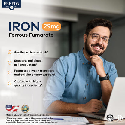 Freeda Iron Supplement - Ferrous Fumarate Iron Tablets | Gentle Ferrous Fumarate Iron Tablets - Support Energy & Red Blood Cells - Easy-To-Swallow - Kosher & Made In USA