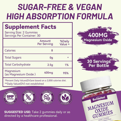 Magnesium Oxide Gummies 400mg - Magnesium Gummies for Women & Adults | Chewable Magnesium Supplement for Nerve & Muscle Support* | Sugar-Free, Vegan | 60 Gummies