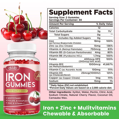 Iron Gummies with Multivitamin, Iron Supplement for Women & Men with Zinc, Vitamin B Complex & C, B12, Folate - Blood Builder & Energy Support for Adults & Kids - Strawberry Flavor, Vegan 60 Gummies