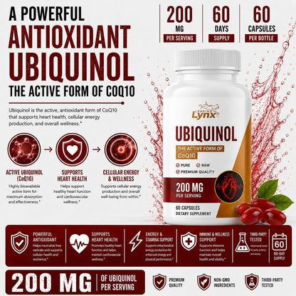 Ubiquinol CoQ10 200mg – High Absorption Active Coenzyme Q10 Supplement for Heart Health, Energy & Cellular Vitality | 60 Capsules, 60-Day Supply | Bioavailable Antioxidant Formula | Non-GMO