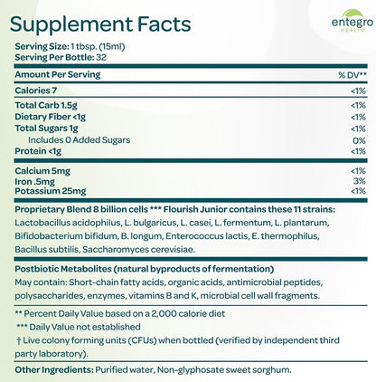 ENTEGRO Flourish Junior Liquid Probiotic & Postbiotic Supplement, Plastic | 11 Live Cultures, Gut & Digestive Health For Women, Men & Kids, Organic, Vegan, Allergen Free, Non-GMO, USA Made, 16 fl oz