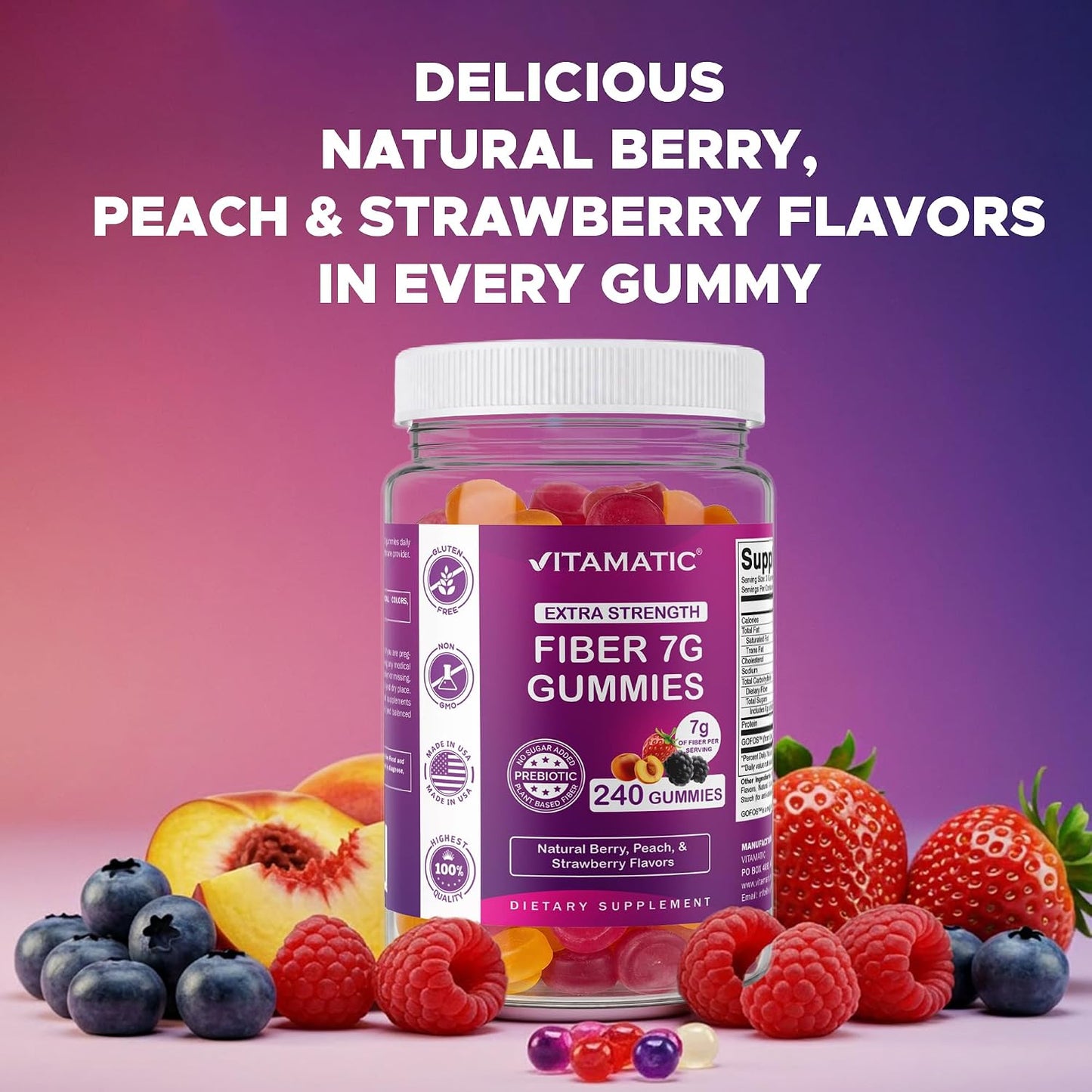 Vitamatic Prebiotic Fiber Gummies for Adults, 7G Extra Strength, Zero Sugar Added, 240 Pectin Based Gummies, Digestive Health & Regularity Support