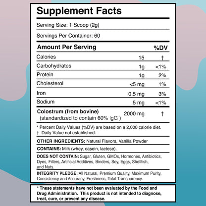 Colostrum Powder 2000mg - Vanilla Flavor, 60% IgG Bovine Colostrum Supplement for Gut Health, Immune Support, Clean Skin, Anti-Aging, Grass-Fed Calostro Bovino Powder, Keto, Gluten-Free - 60 Servings