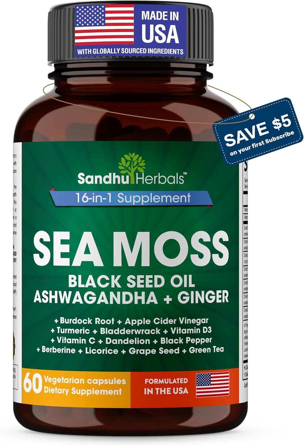 Sea Moss Capsules with Black Seed Oil Ashwagandha Ginger Burdock Root | Advanced Seamoss 60 Count | All Men Women Age