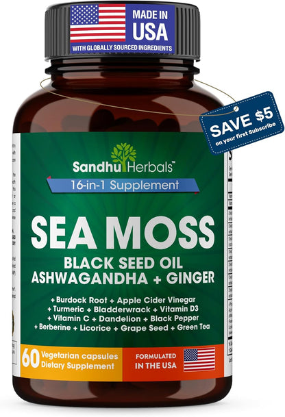 Sea Moss Capsules with Black Seed Oil Ashwagandha Ginger Burdock Root | Advanced Seamoss 60 Count | All Men Women Age