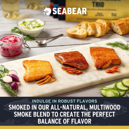 SeaBear Smoked Salmon Trio 18oz (3 x 6oz) Fillets Gift Box – Wild Alaska Sockeye, Wild Pink & Coho Fillets, Shelf Stable, Ready to Eat, 18 Ounce (3 x 6 Ounce) Filets