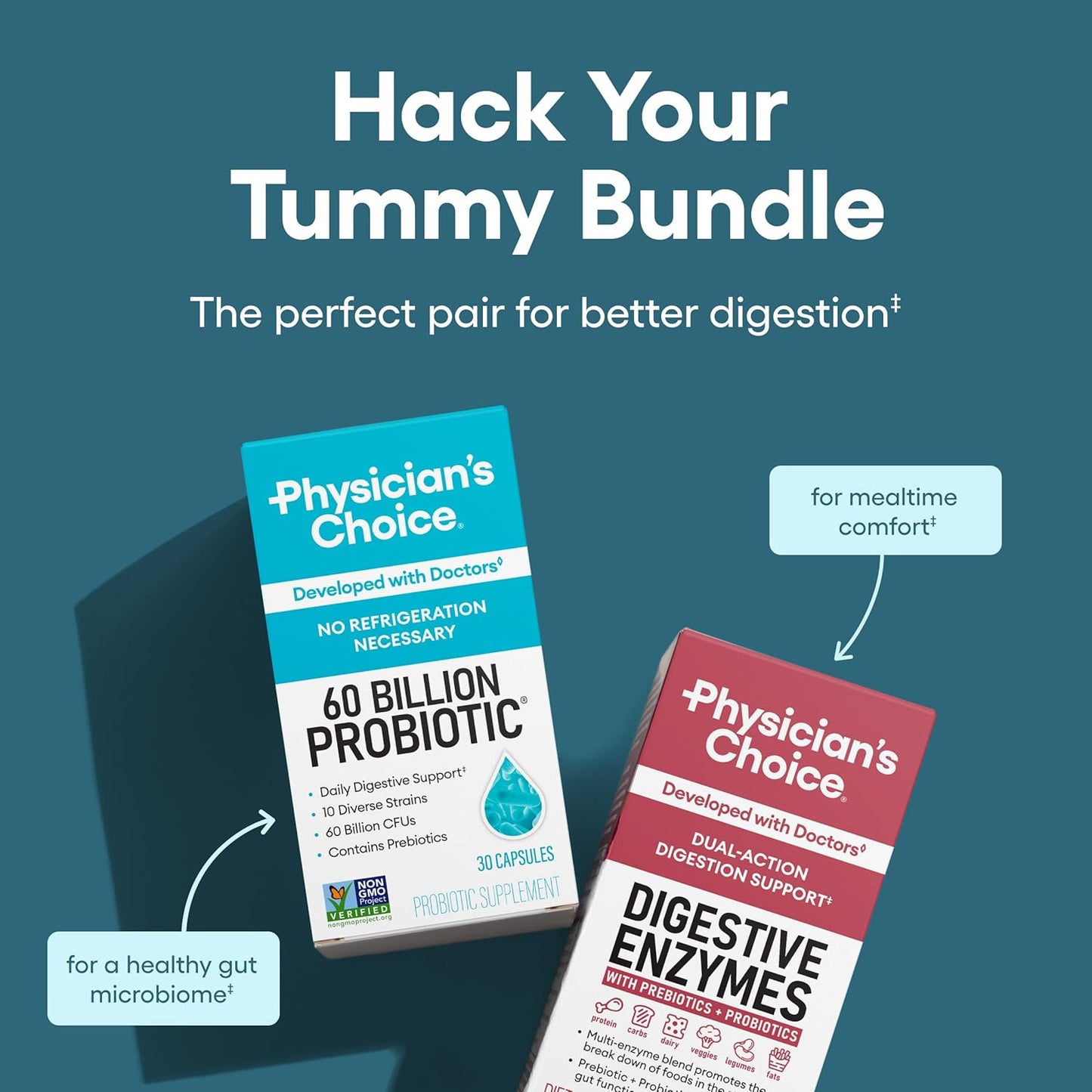 Physician's CHOICE Advanced Gut Health Bundle: 60 Billion Probiotics 30ct + Digestive Enzymes 60ct for Digestive, Gut, and Immune Health Supports Occasional Constipation, Diarrhea, Gas, and Bloating