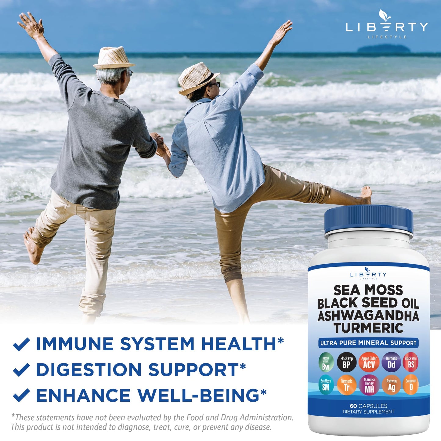 Liberty Lifestyle Sea Moss Black Seed Oil Ashwagandha Turmeric Bladderwrack Burdock - with Manuka, Honey Dandelion, ACV Black Pepper Gluten Free - 2-Pack