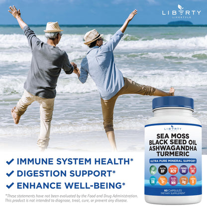 Liberty Lifestyle Sea Moss Black Seed Oil Ashwagandha Turmeric Bladderwrack Burdock - with Manuka, Honey Dandelion, ACV Black Pepper Gluten Free - 2-Pack