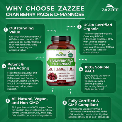 Zazzee USDA Organic Cranberry PACs & D-Mannose, 36 mg PACs per Serving, 1000 mg D-Mannose per Serving, 120 Vegan Capsules, 2 Month Supply, Urinary Tract & Bladder Support, Non-GMO, Made in the USA