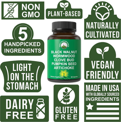 Wormwood Black Walnut Clove Cleanse for Humans. Elimination Detox + Intestinal Support Capsules Supplement for Adults and Kids. Pills with Artichoke and Pumpkin Seed for Additional Benefits