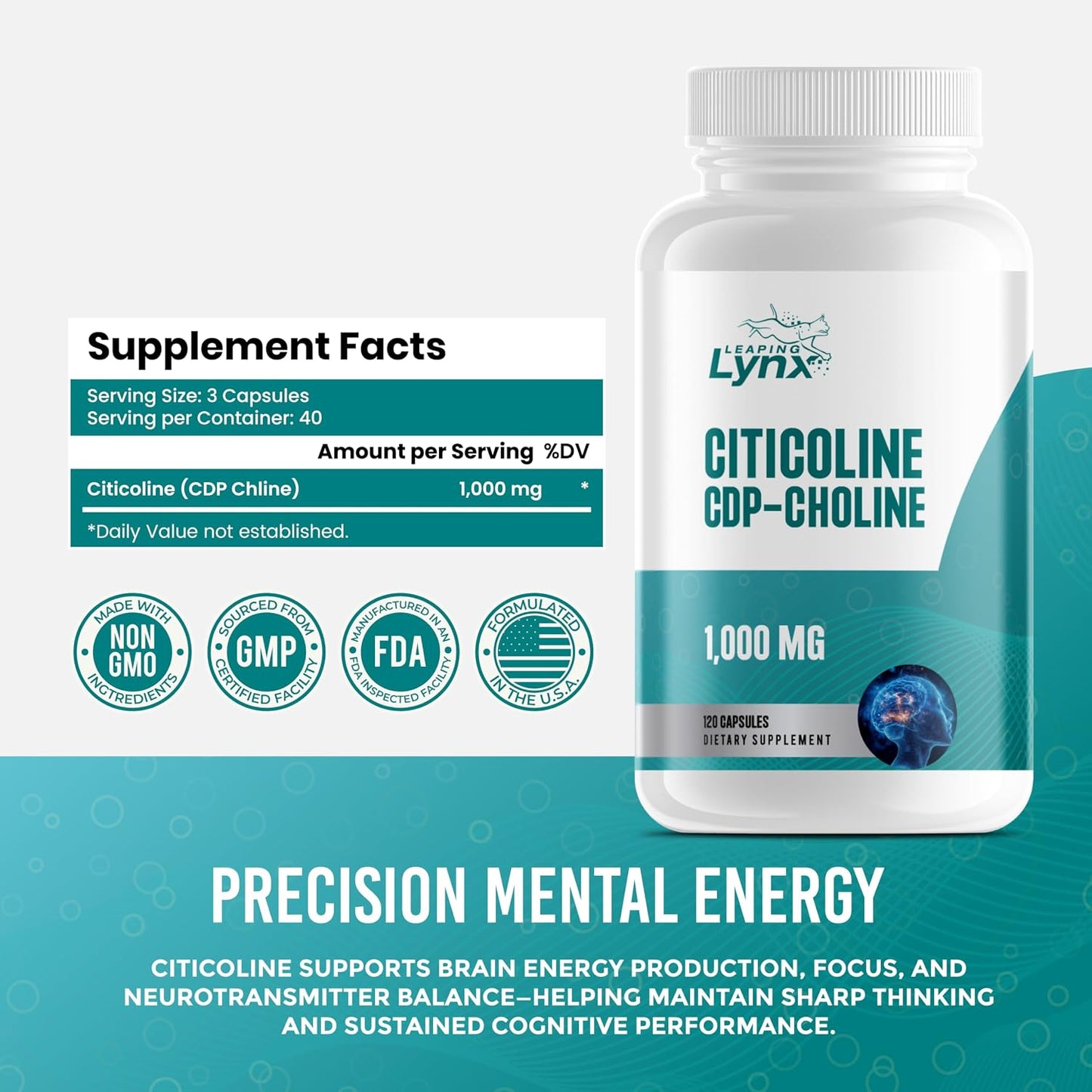 Leaping Lynx Citicoline 1000 mg (CDP Choline) Capsules – 120 Count – CDP Choline Supplement for Brain, Focus & Memory Support – Nootropic Choline Supplement – Non-GMO, ISO-Certified