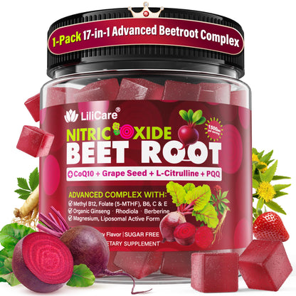 Beet Root Gummies, 17-IN-1 Liposomal Beetroot Superfood with CoQ10, Grape Seed, L-Citrulline, PQQ, Methyl B12, B6, Magnesium, Ginseng, Nitric Oxide Supplements for Circulation, Energy & Immune, 2Pack