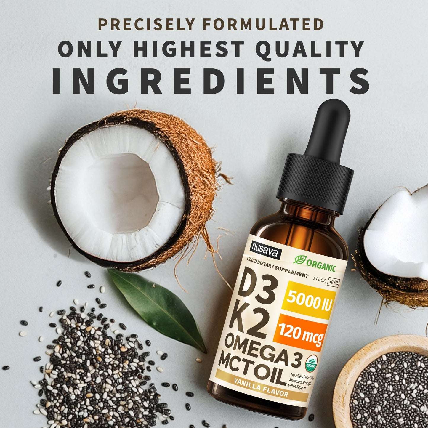 (2 Pack) Organic Vitamin D3 K2 Drops with MCT Oil & Omega 3 - Liquid Vitamin D3 5000 IU - K2 D3 Vitamin Supplement - Vitamin D Drops for Women & Men - No Fillers, Non-GMO, GMP, Unflavored (2 Fl Oz)