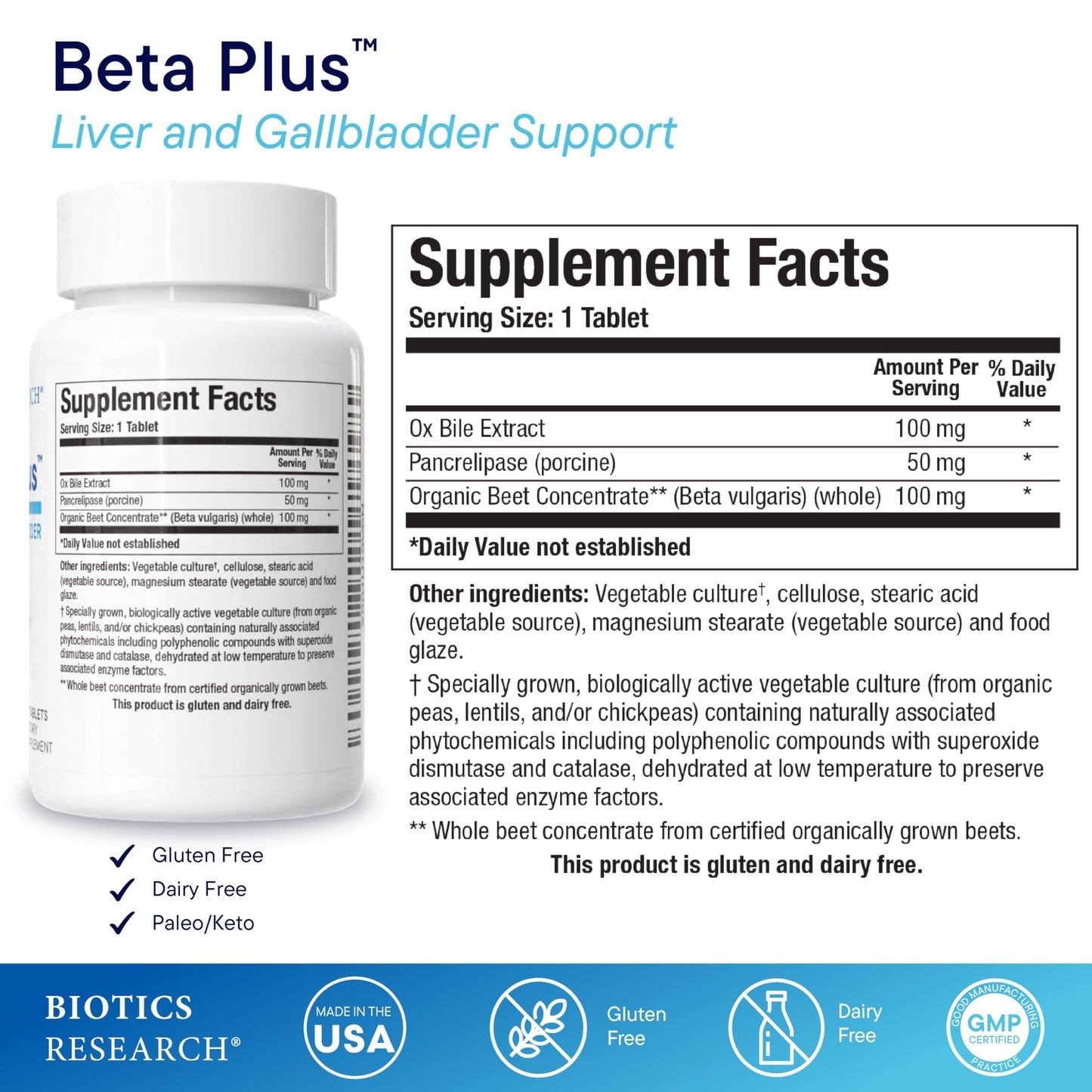 Biotics Research Beta-Plus™ Nutritional Ox Bile Salts Digestive Enzymes Supplement for Bile Production for No Gallbladder-Supports Overall Liver Function, Aids Fat Digestion, Supplies Betaine 90 Tabs