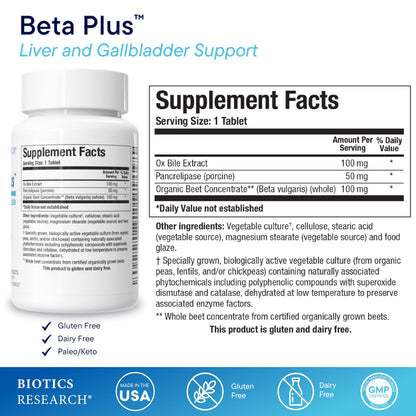 Biotics Research Beta-Plus™ Nutritional Ox Bile Salts Digestive Enzymes Supplement for Bile Production for No Gallbladder-Supports Overall Liver Function, Aids Fat Digestion, Supplies Betaine 90 Tabs