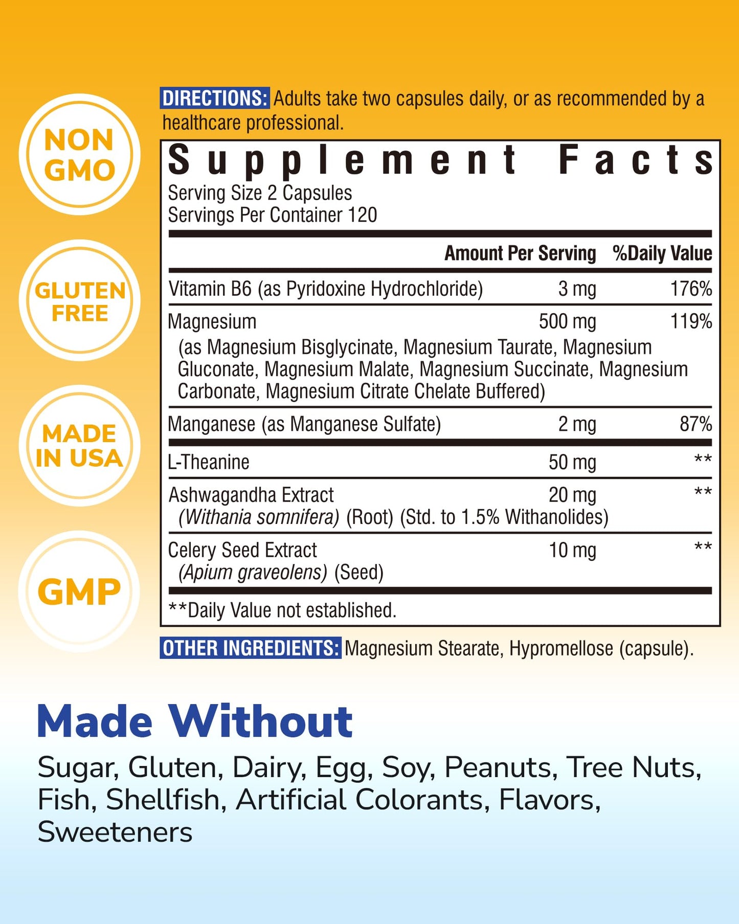 Vitalibre Magnesium Complex 500mg for Women Men, 120 Vegan Capsules | with Ashwagandha, L-Theanine, Vitamin B6 & Celery, High Absorption Magnesium Glycinate, Citrate, Malate, Sleep & Bone Support