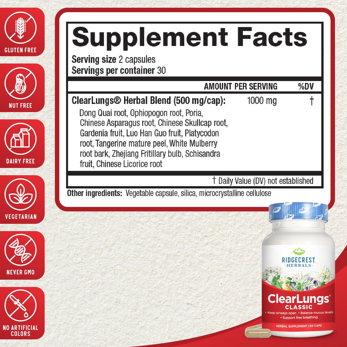 RidgeCrest Herbals ClearLungs Classic, Natural Lung and Nasal Daily Health Supplement