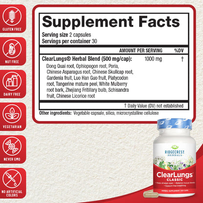 RidgeCrest Herbals ClearLungs Classic, Natural Lung and Nasal Daily Health Supplement