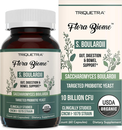 Organic Saccharomyces Boulardii - 10 Billion CFU - Clinically Validated CNCM I-1079 Probiotic Strain - Gut, Digestion & Healthy Bowel Support - First Organic Form of S. Boulardii Probiotic - 60 Count