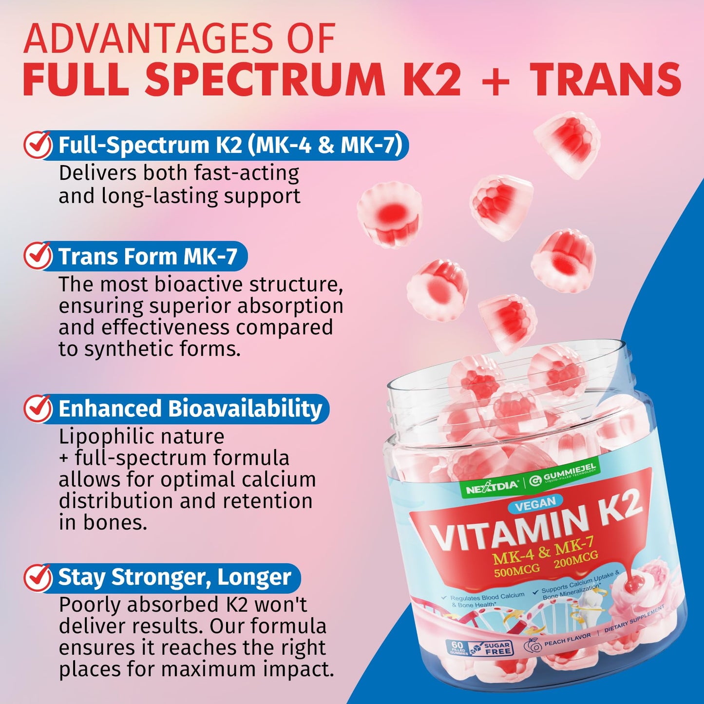 Vitamin K2 Gummies MK-7 200 mcg & MK-4 500 mcg for Women & Men Sugar Free, Perfect 2-IN-1 Full Spectrum Vitamin K2 Supplement for Bone, He-art, Promotes Calcium Absorption, Brain, Teeth, Immune,1Pack